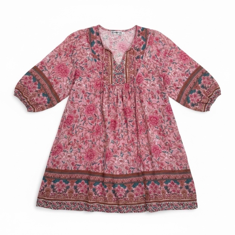 Women's Boho Floral Peasant Maxi Dress Small Botanical Cottagecore Flare